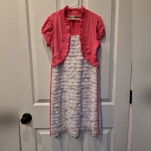 Girls dress, size 14, white ruffles with sequins, coral sewn in bolero